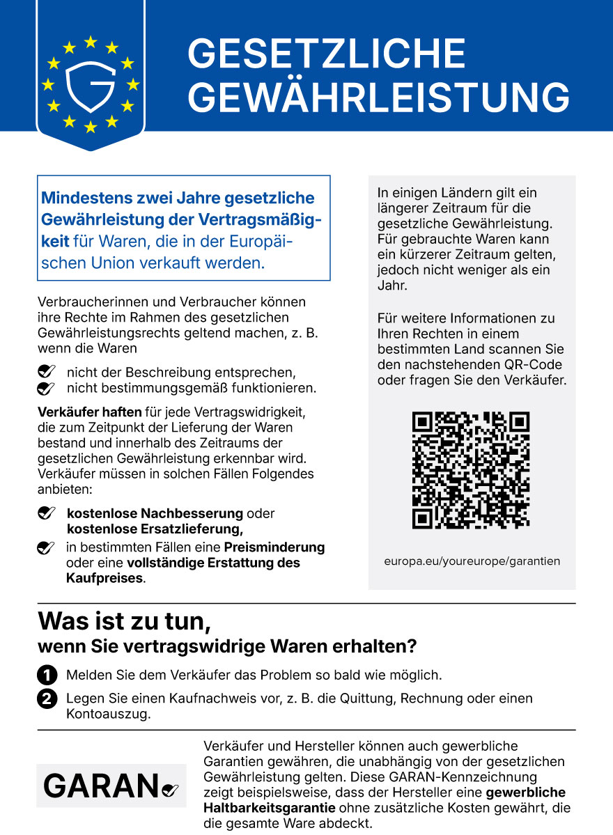 Offizielle EU-Mitteilung zur gesetzlichen Gewährleistung: mindestens zwei Jahre und Rechte bei mangelhaften Waren